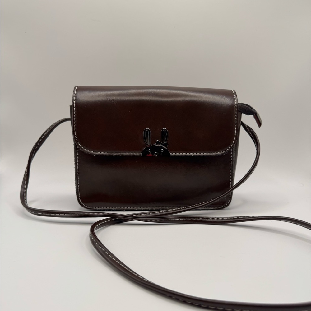Dark Brown Crossbody Leather Bag with Bunny Accent